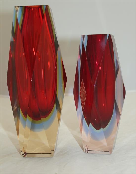 Two Murano three colour Sommerso faceted glass vases, possibly Mandruzzato, 1960s-70s, 16.5cm - 20.5cm, one with label Bonora & C.